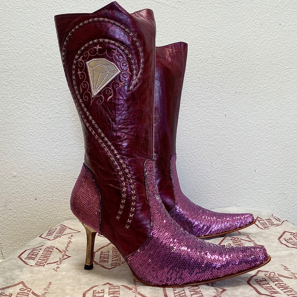 Purple sequin white diamond knee high boots